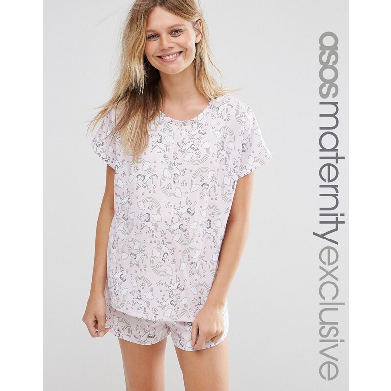 ASOS Maternity - Schlafanzugset mit Shorts und T-Shirt mit Einhornmuster - Rosa