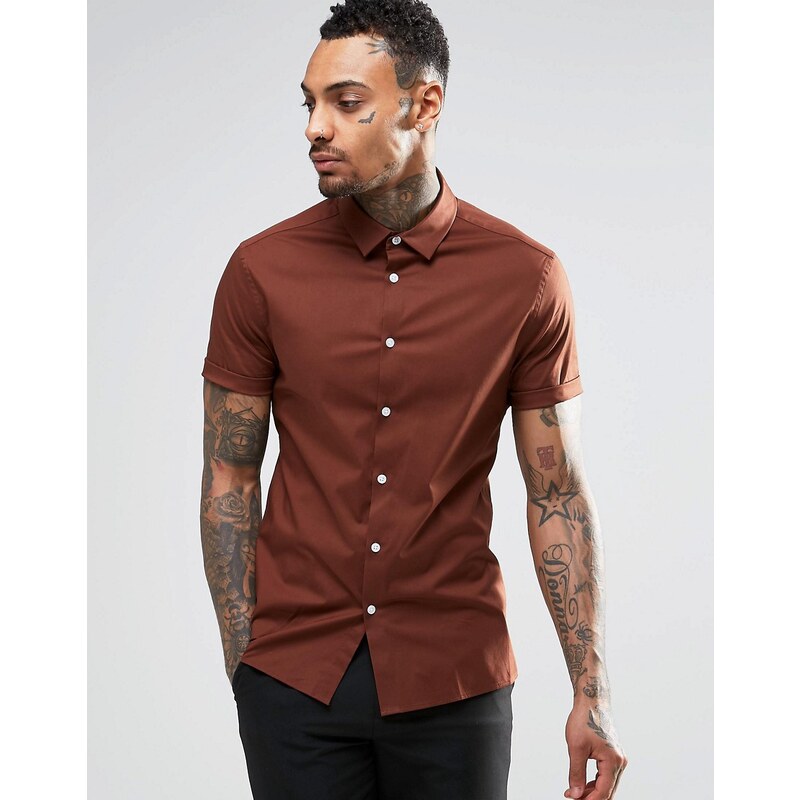 ASOS Skinny Shirt With Short Sleeves In Brown - Braun
