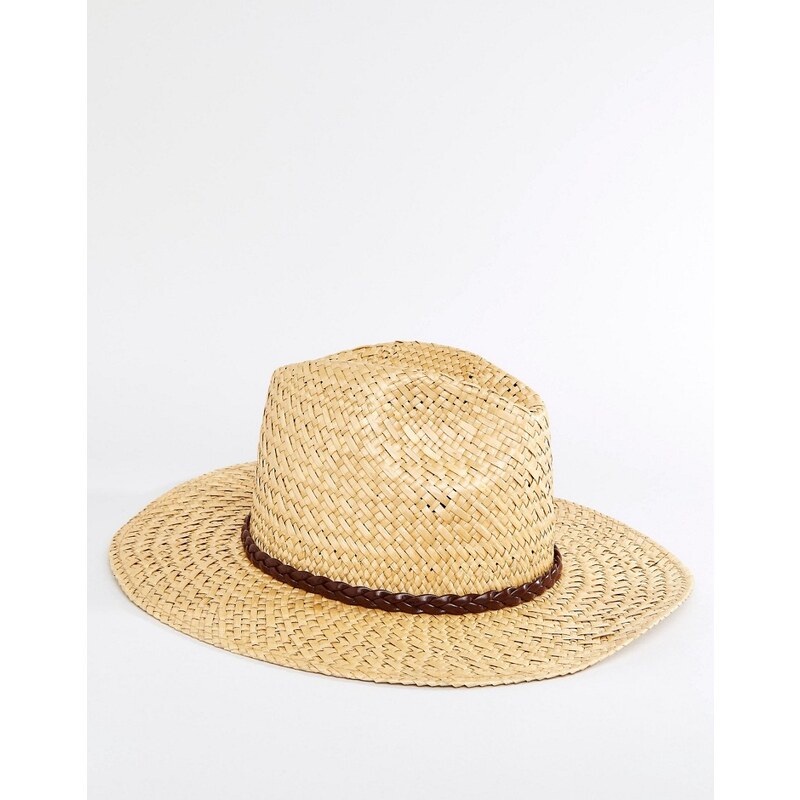 Catarzi - Fedora-Hut aus Stroh mit geflochtenem Leder-Hutband - Beige