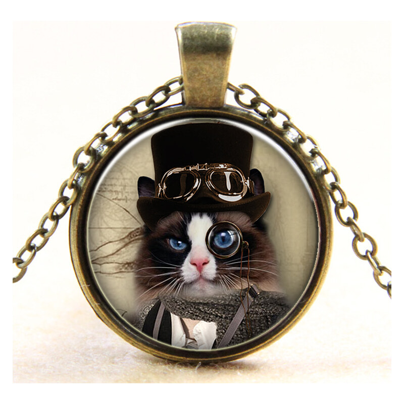 Lesara Halskette mit Glas-Medaillon Katze - Schwarz
