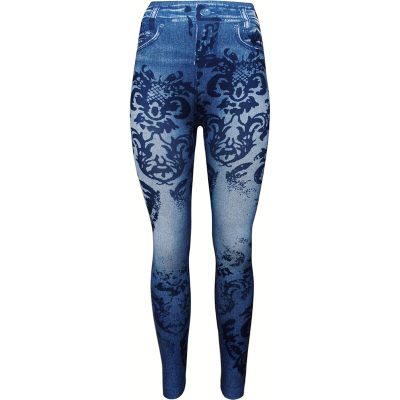 Lesara Leggings in Jeans-Optik mit floralen Ornamenten - Blau - S-L