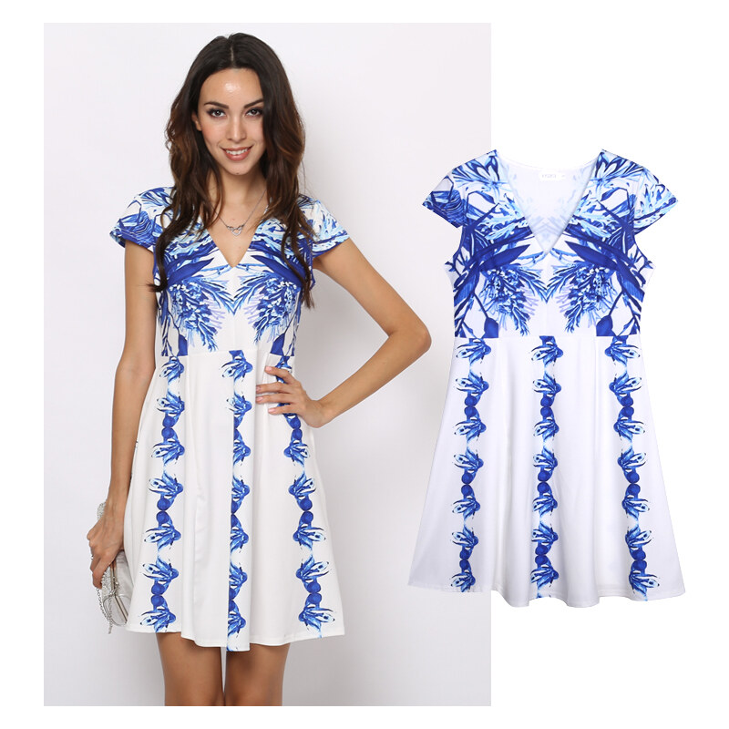 Lesara Kurzes Kleid mit V-Ausschnitt & Muster - XS