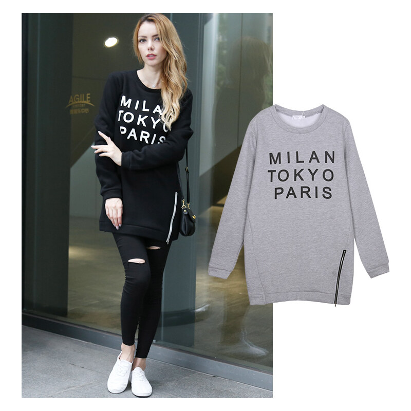 Lesara Oversize-Sweater mit Reißverschluss & Print - S - Grau