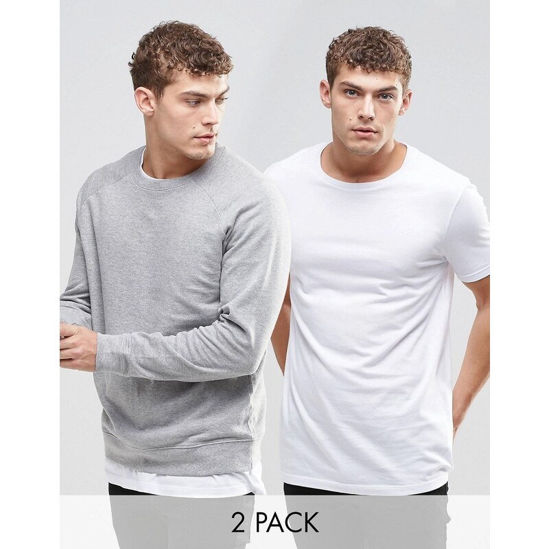 ASOS - 2er Pack mit Sweatshirt/langem T-Shirt in Grau meliert/Weiß,15% RABATT - Mehrfarbig