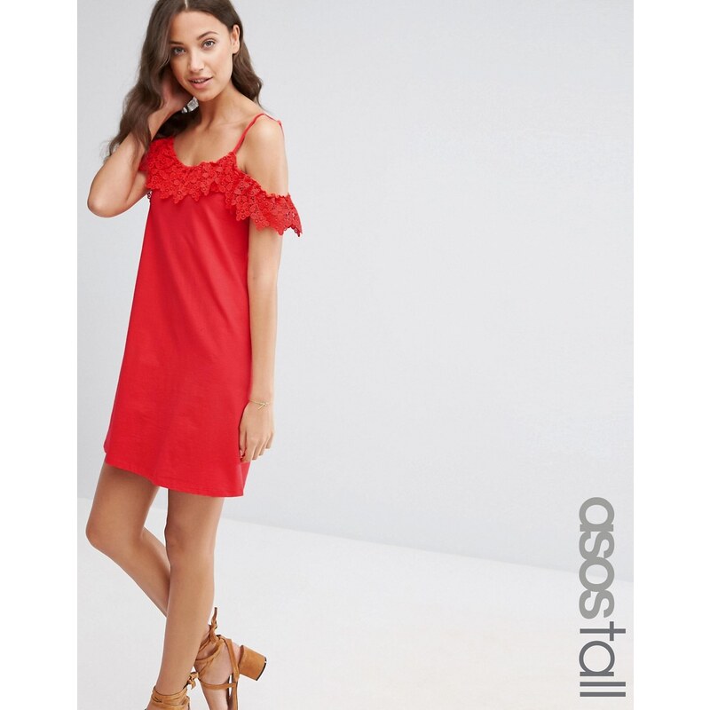 ASOS TALL - Schulterfreies Kleid mit Spitzenbesatz - Rot