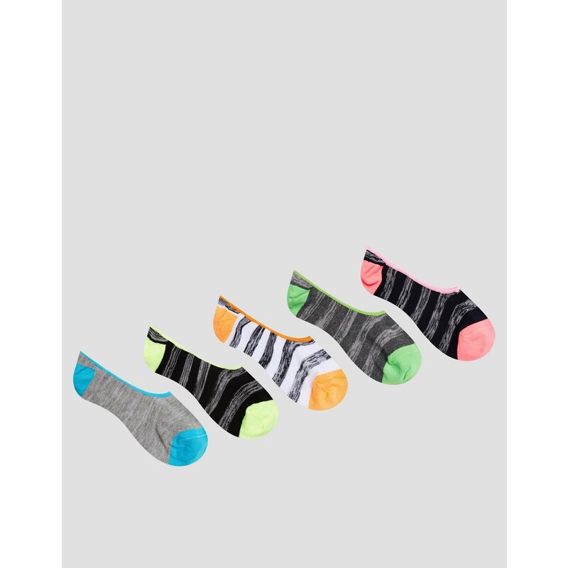 ASOS - Unsichtbare Socken mit Streifen und Neondetail im 5er-Set - Mehrfarbig