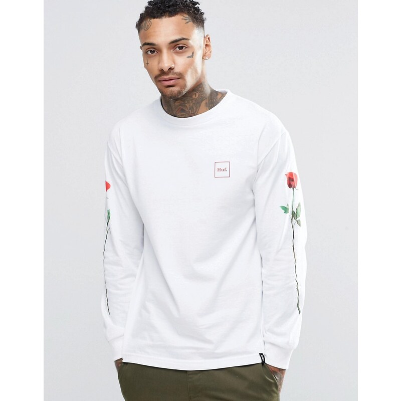 HUF - Langärmliges T-Shirt mit Rosen-Print auf dem Ärmel - Weiß