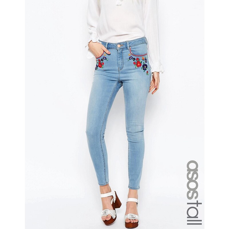 ASOS TALL - Ridley - Skinny-Jeans mit hoher Taille, Surf-Waschung und Stickerei - Blau