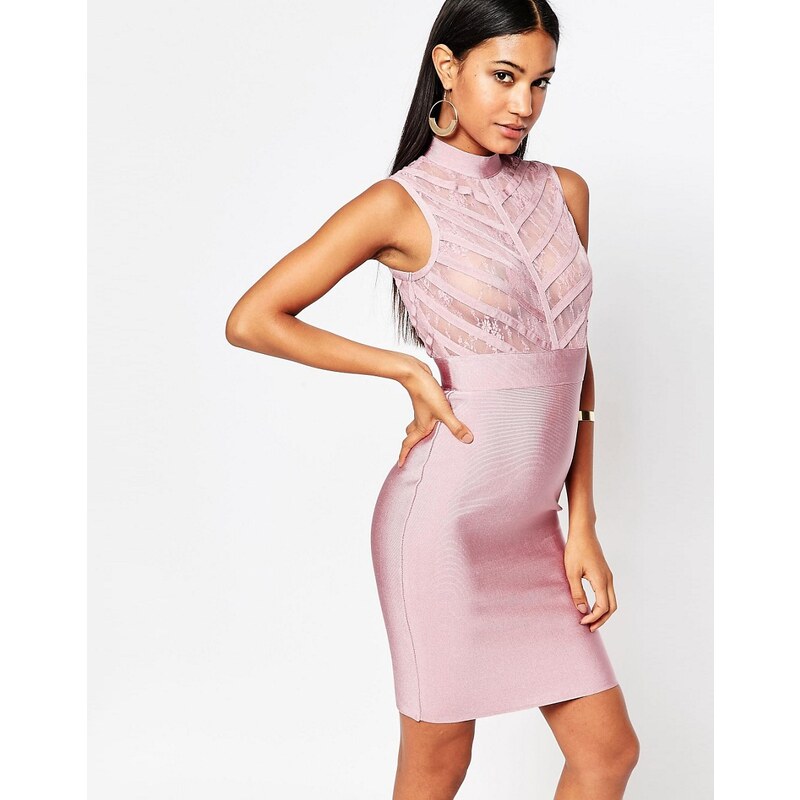 WOW Couture - Hochgeschlossenes, figurbetontes Kleid mit Oberteil aus transparenter Spitze - Rosa
