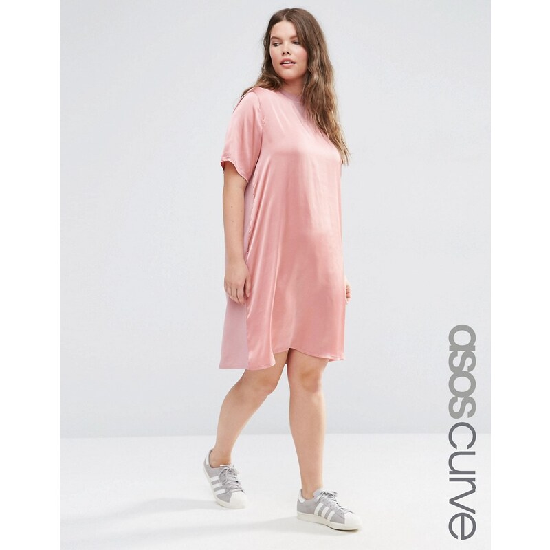 ASOS CURVE - T-Shirt-Kleid mit Satinvorderseite - Rosa