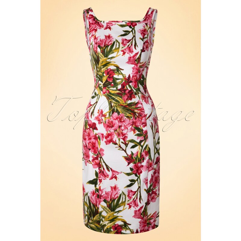 Hearts & Roses 50s Maureen Floral Pencil Dress in White