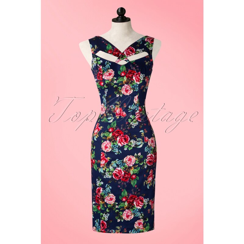 Hearts & Roses 50s Etta Floral Pencil Dress in Navy