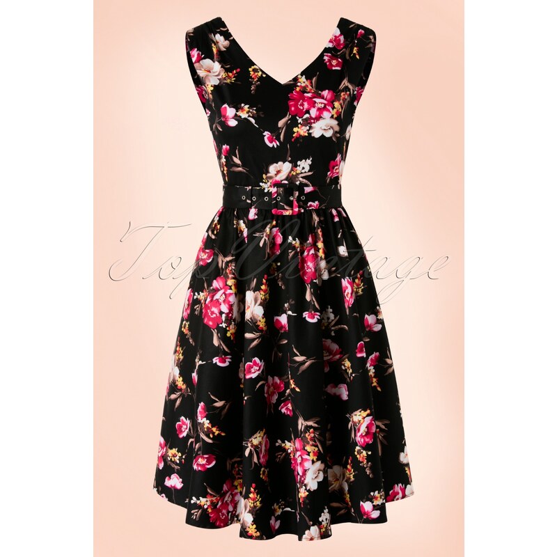 Dolly and Dotty 50s Petal Floral Swing Dress in Black