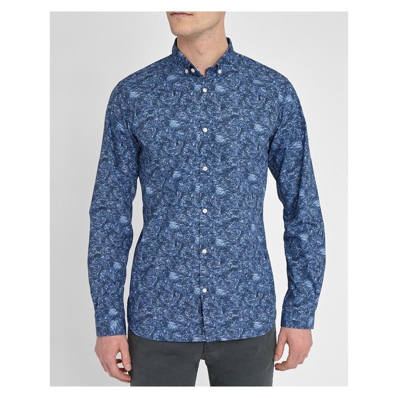 KNOWLEDGE COTTON APPAREL Blaues Slim-Hemd mit Grafik-Muster