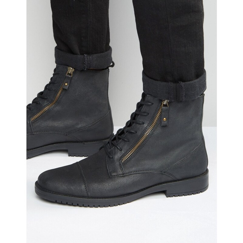 ASOS - Geschnürte Stiefel aus schwarzem Leder mit Doppelreißverschluss - Schwarz