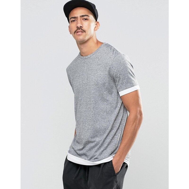 ASOS - Lang geschnittenes T-Shirt aus Strickmaterial mit Kontrastbündchen - Grau