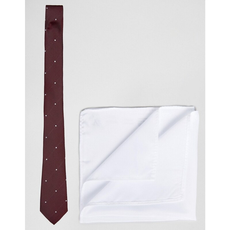 ASOS - Getupfte Krawatte und weißes Einstecktuch im Set - Rot