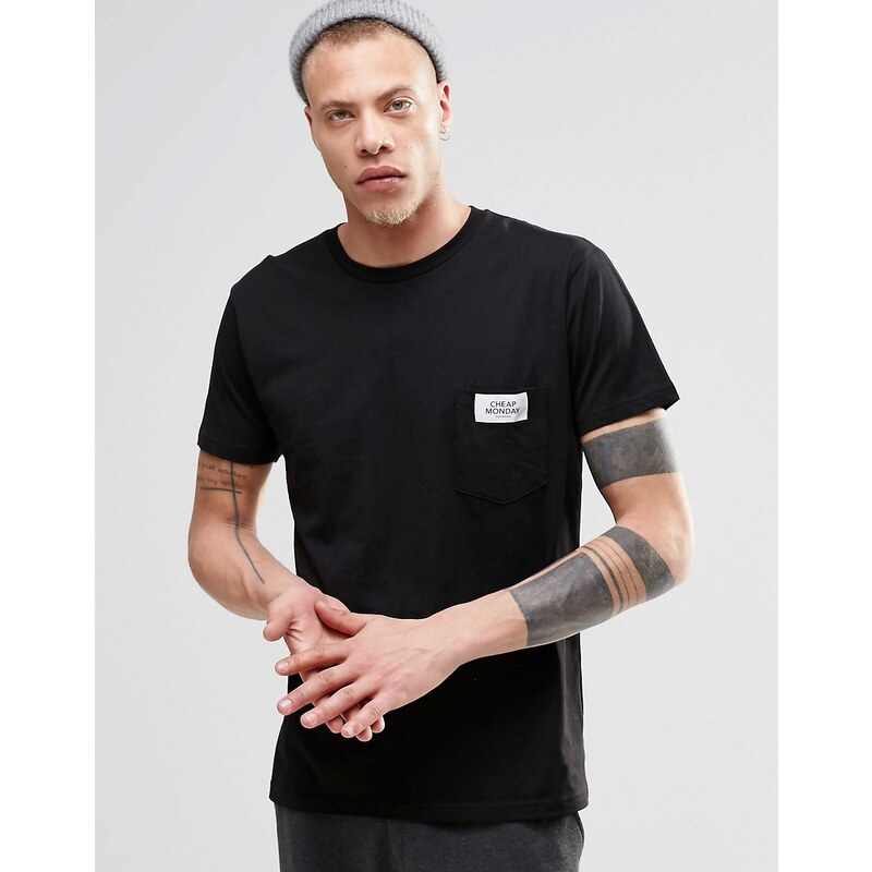 Cheap Monday - Schwarzes Standard-T-Shirt mit Logo und Tasche - Schwarz