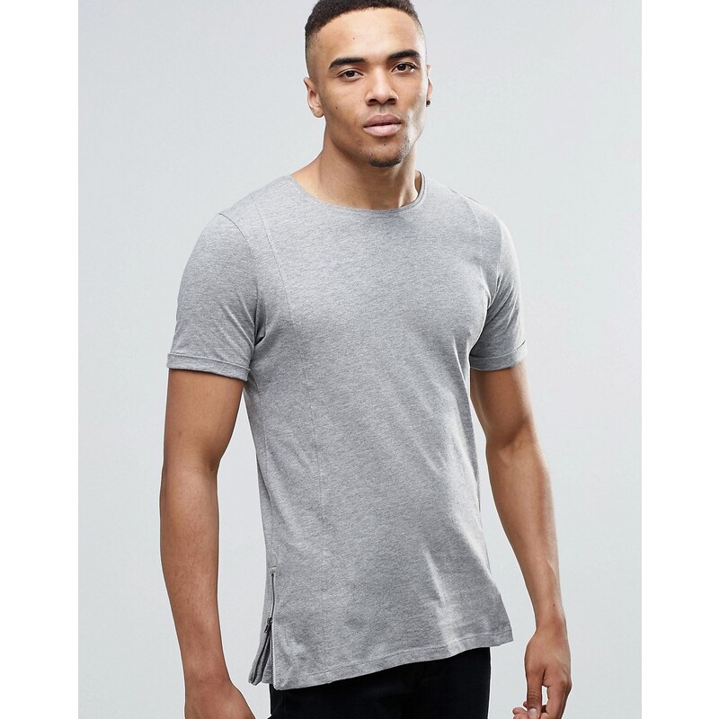 Jack & Jones - Langes T-Shirt mit Reißverschlüssen - Grau
