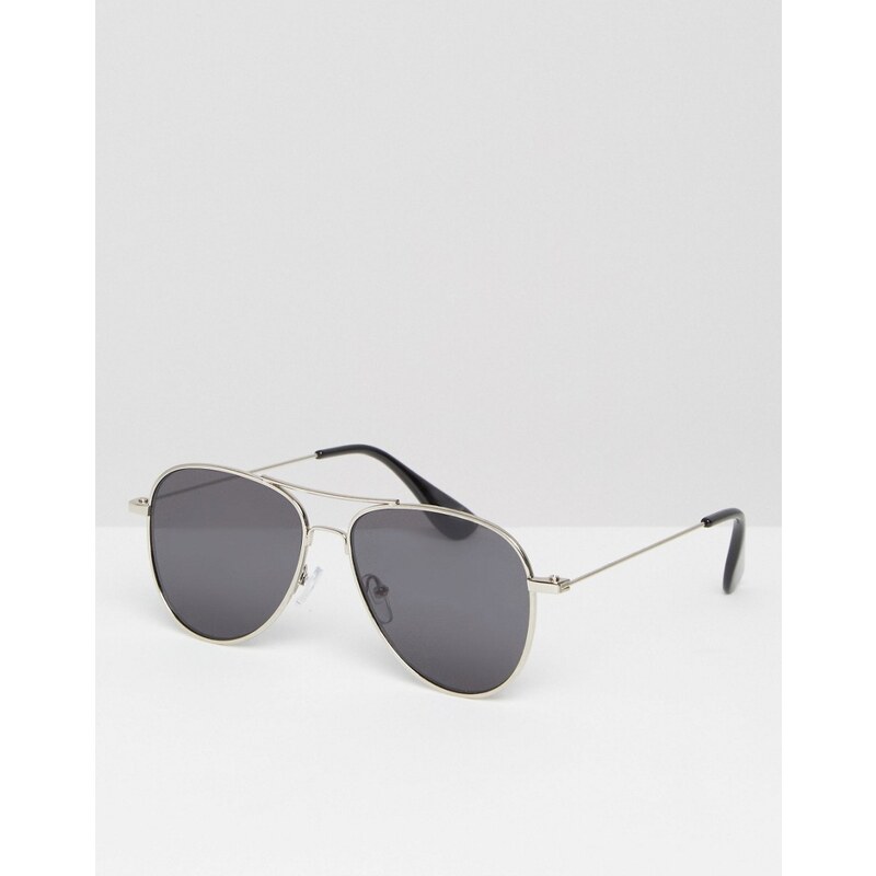 ASOS - Silberfarbene Pilotensonnenbrille mit flachen Gläsern - Silber