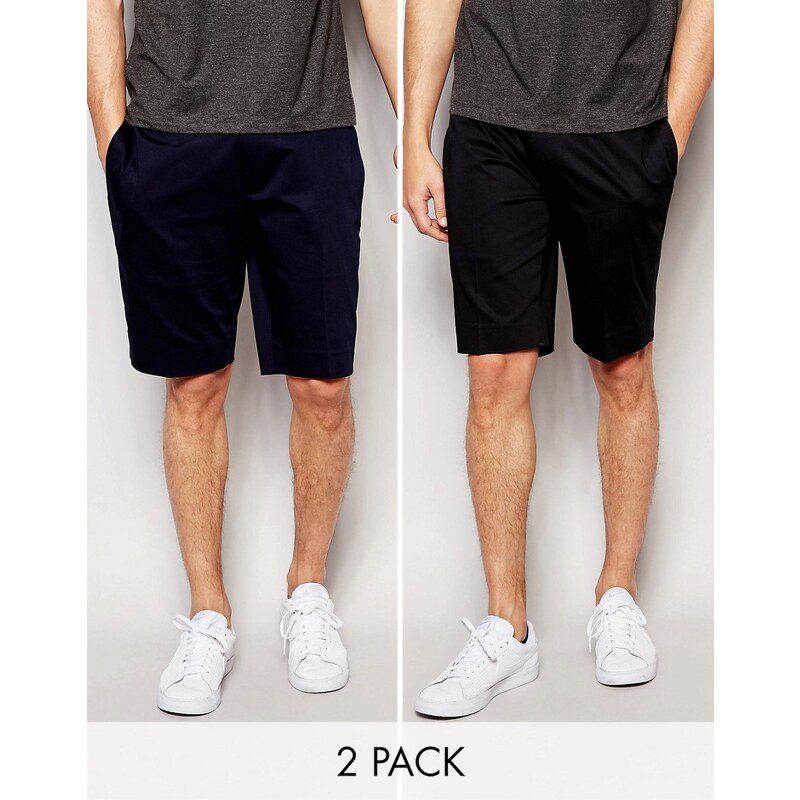 ASOS - Eng geschnittene Shorts im 2er Pack in Schwarz und Marineblau aus Baumwollsatin - Mehrfarbig