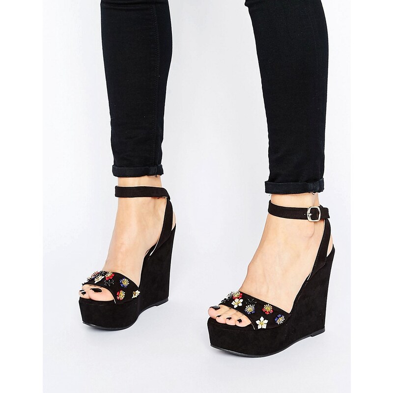 Glamorous - Schwarze verzierte Sandalen mit Keilabsatz - Schwarz