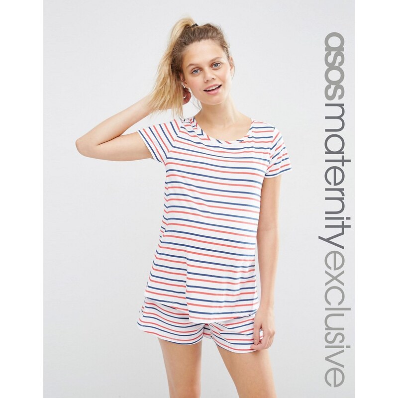 ASOS Maternity - Gestreifter Schlafanzug im Set mit Shorts - Mehrfarbig
