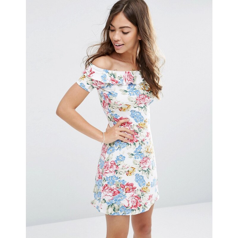 ASOS - Ausgestelltes Sommerkleid mit Schulterausschnitt und Vintage-Blumendruck - Mehrfarbig