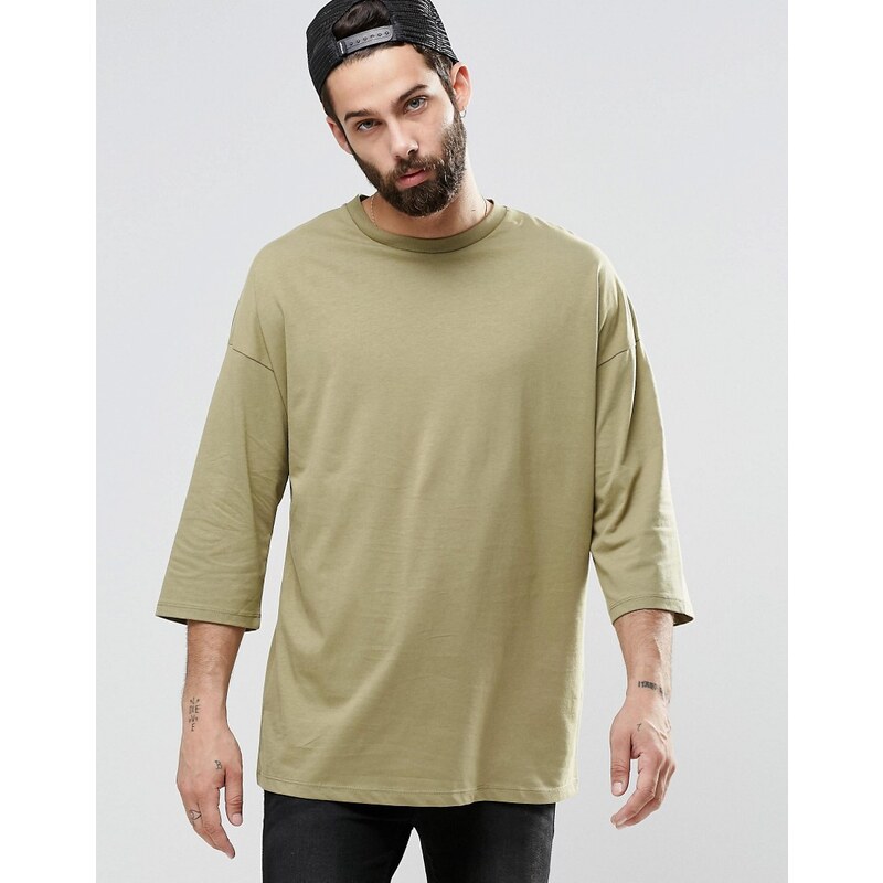 ASOS - Oversize-T-Shirt mit 3/4-Ärmeln in Khaki - Grün