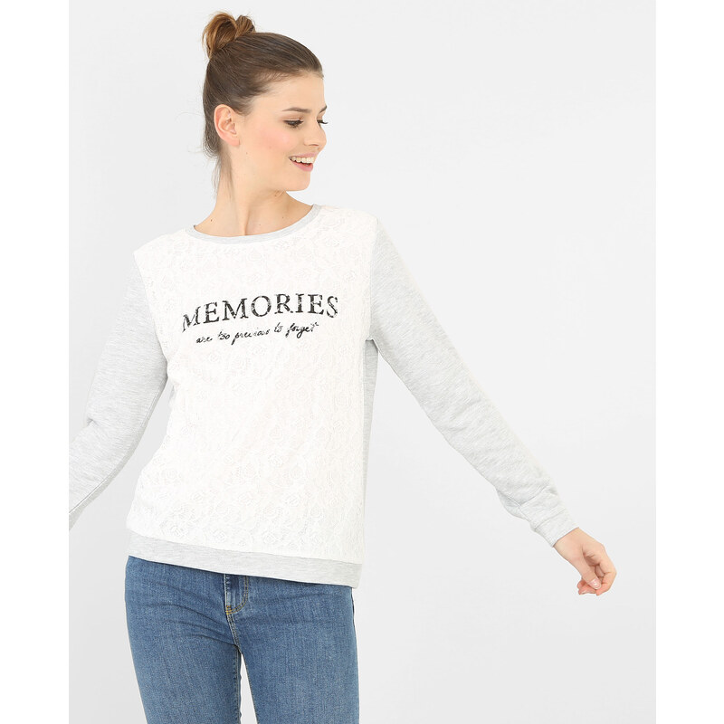 Sweatshirt aus Materialmix mit Spitze Naturweiß, Größe L -Pimkie- Mode für Damen