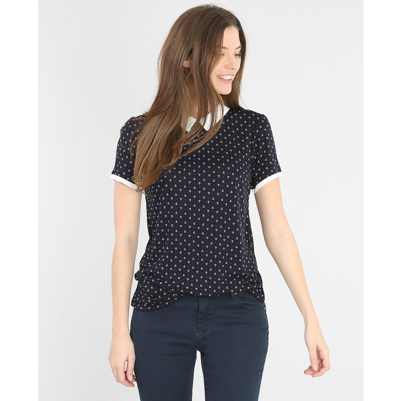 Bedrucktes T-Shirt mit Bubikragen Marineblau, Größe S -Pimkie- Mode für Damen