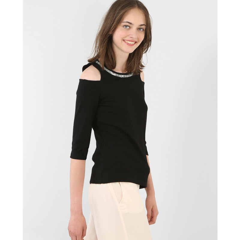 T-Shirt mit Zierausschnitt und Peekaboo-Ärmeln Schwarz, Größe M -Pimkie- Mode für Damen