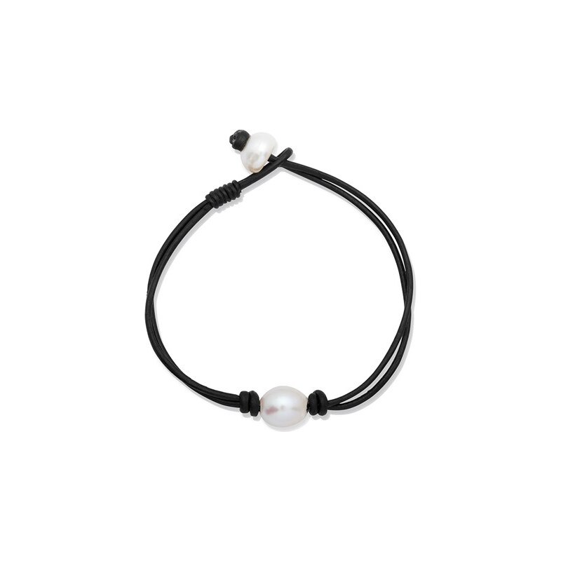 Unique Jewelry Schwarzes Echtlederarmband mit weißen Perlen