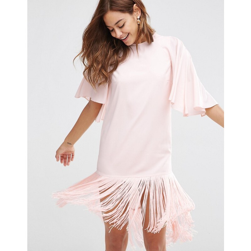 ASOS - Kurzes T-Shirt-Kleid mit Flatterärmeln und Fransensaum - Rosa