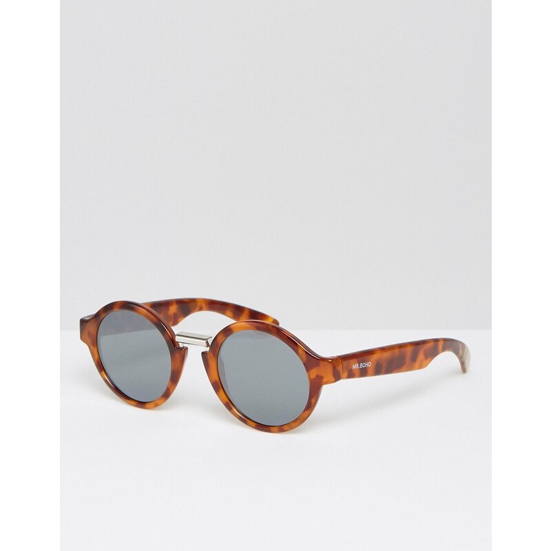 Mr Boho - Hackney - Runde Sonnenbrille in Schildpattoptik mit silbernen Gläsern, Made In Italy - Braun