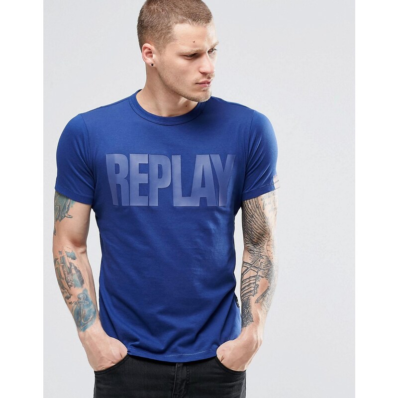 Replay - Blaues T-Shirt mit Ton-in-Ton-Logo - Blau