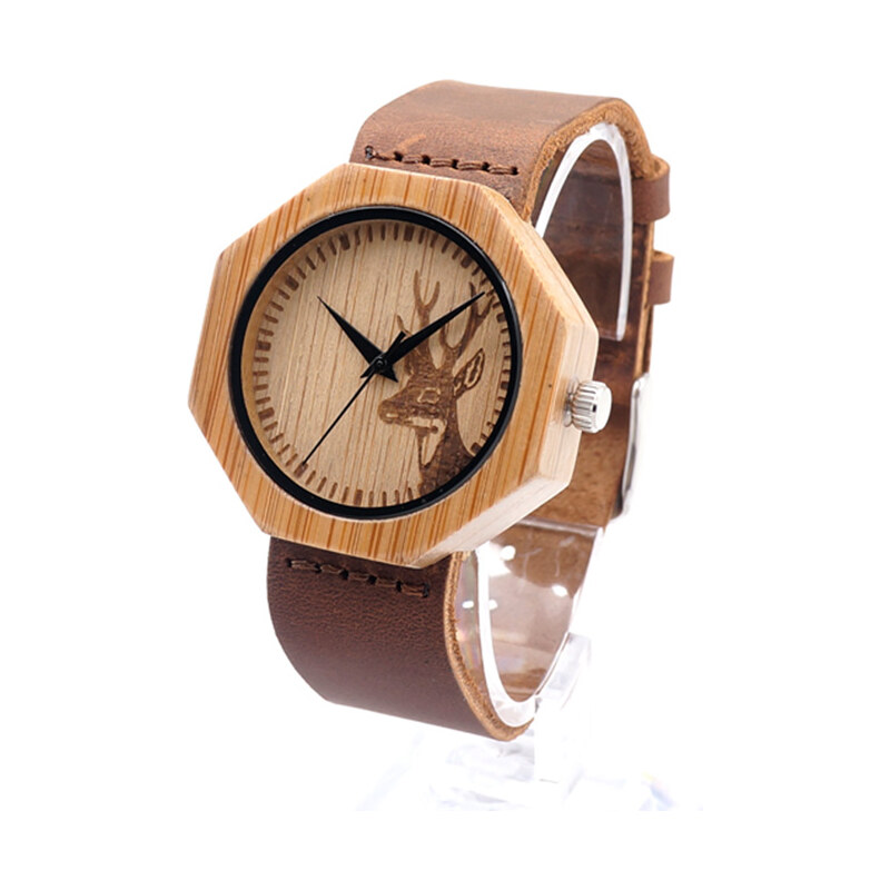 Lesara Achteckige Armbanduhr aus Bambus & Leder