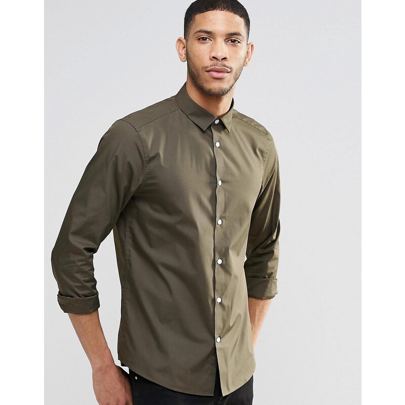 ASOS Regular Fit Smart Shirt With Long Sleeves In Khaki - Grün