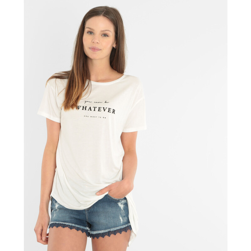 Asymmetrisches T-Shirt mit Schriftzug Altweiß, Größe M -Pimkie- Mode für Damen