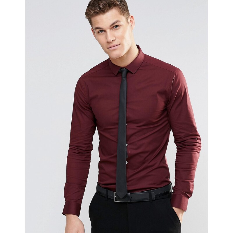 ASOS Skinny Shirt In Burgundy With Black Tie SAVE 15 - Mehrfarbig