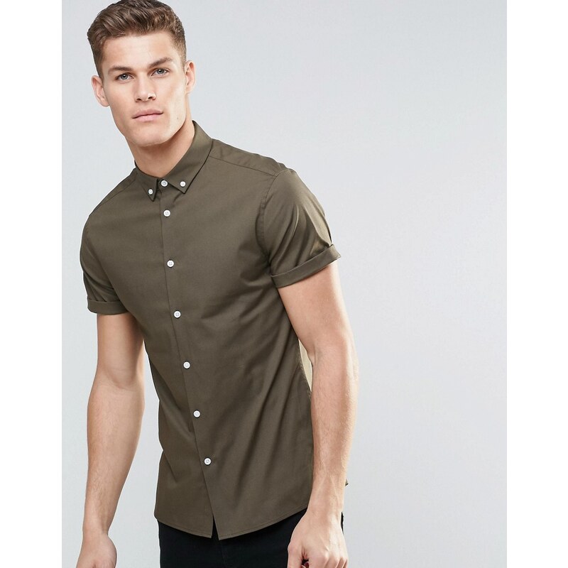 ASOS Skinny Shirt With Button Down Collar And Short Sleeves In Khaki - Grün