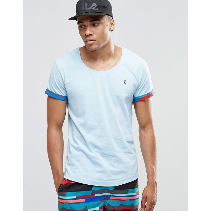 Ringspun - Strand-T-Shirt mit U-Ausschnitt und aufgerollten Bündchen - Kombiteil - Blau