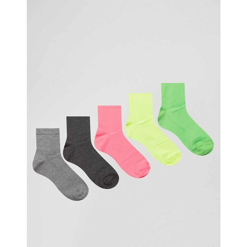 ASOS - 5er Pack knöchellange Socken in Neon & Grau - Mehrfarbig