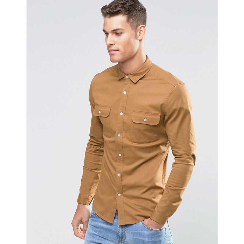 ASOS Skinny Military Shirt Twill With Long Sleeves In Tan - Bronze