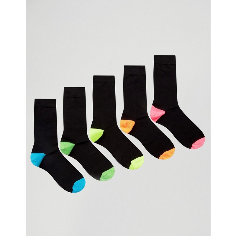 ASOS - Socken mit Neon-Ferse und -Zehenpartie im 5-er Pack - Schwarz