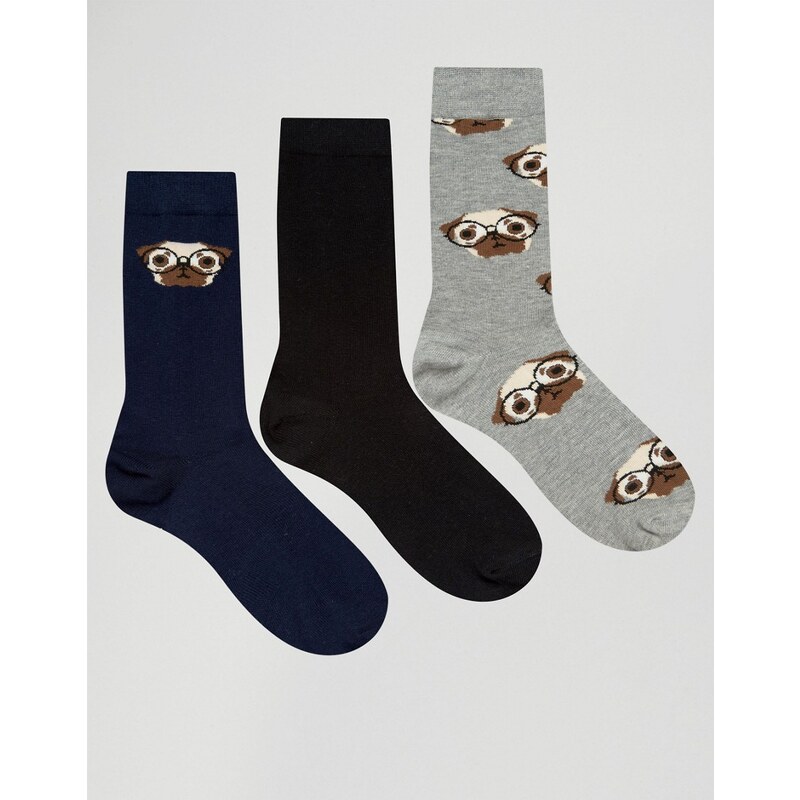 ASOS - Socken im 3er-Pack mit Mops-Design - Mehrfarbig