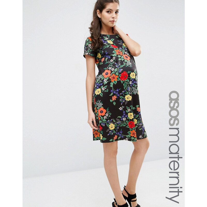 ASOS Maternity - T-Shirt-Kleid aus Neopren mit dunklem Blumen-Print - Mehrfarbig