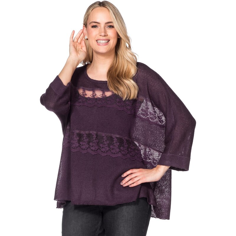 Große Größen: sheego Style Oversized-Pullover mit Spitzeneinsatz, dunkellila, Gr.40/42-56/58