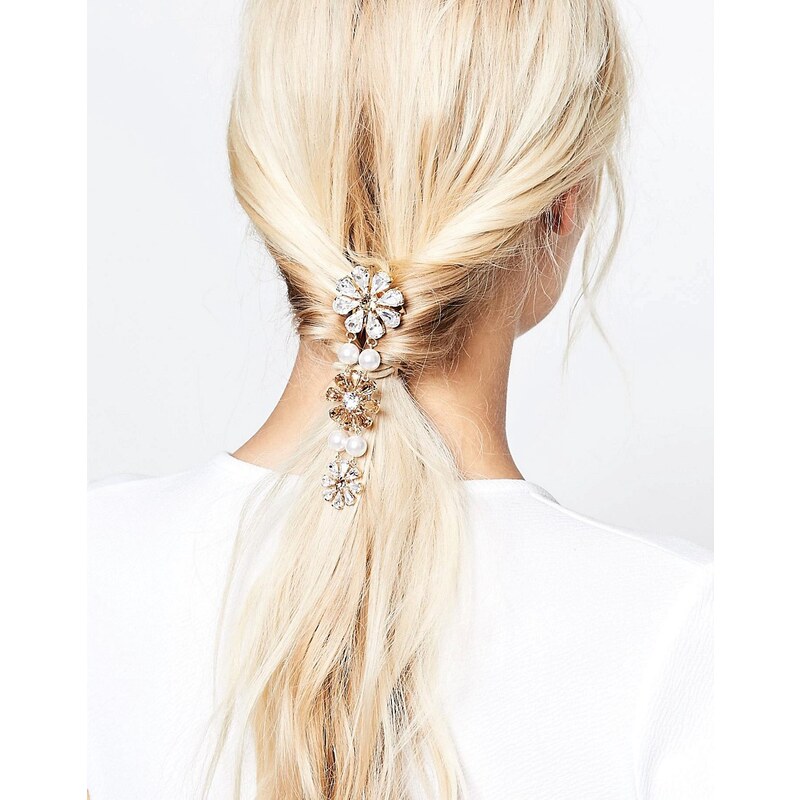 Krystal - Haarschmuck mit Perlen und hängenden Swarovski-Kristallblumen - Gold