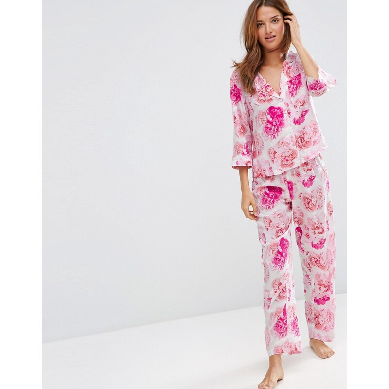 ASOS - Pastel Bloom - Gewebter Schlafanzug mit Hemd und langer Hose - Mehrfarbig